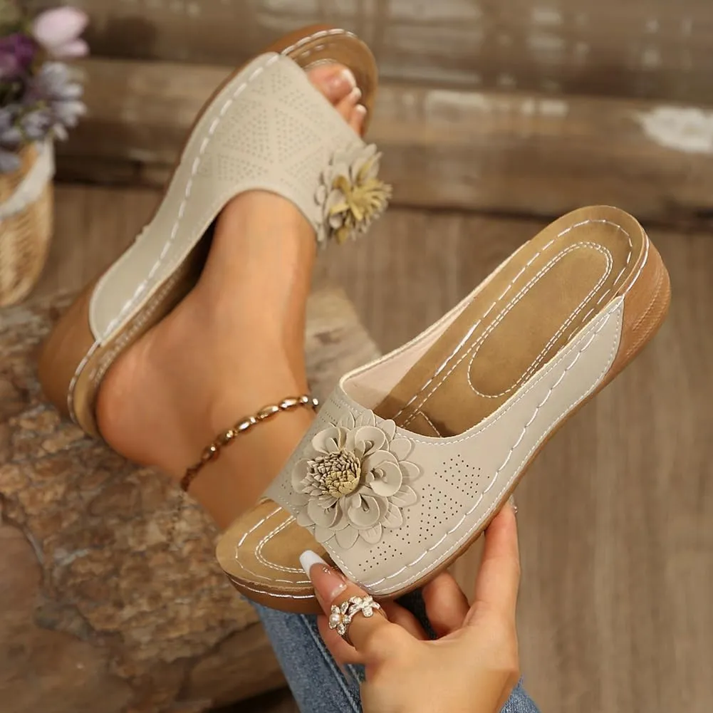 Rungion Womens Summer Beach Sandals Wedge Low Open Toe Slides Ladies Dressy Sandals Slipper Platform Comfortable Flower Sandals