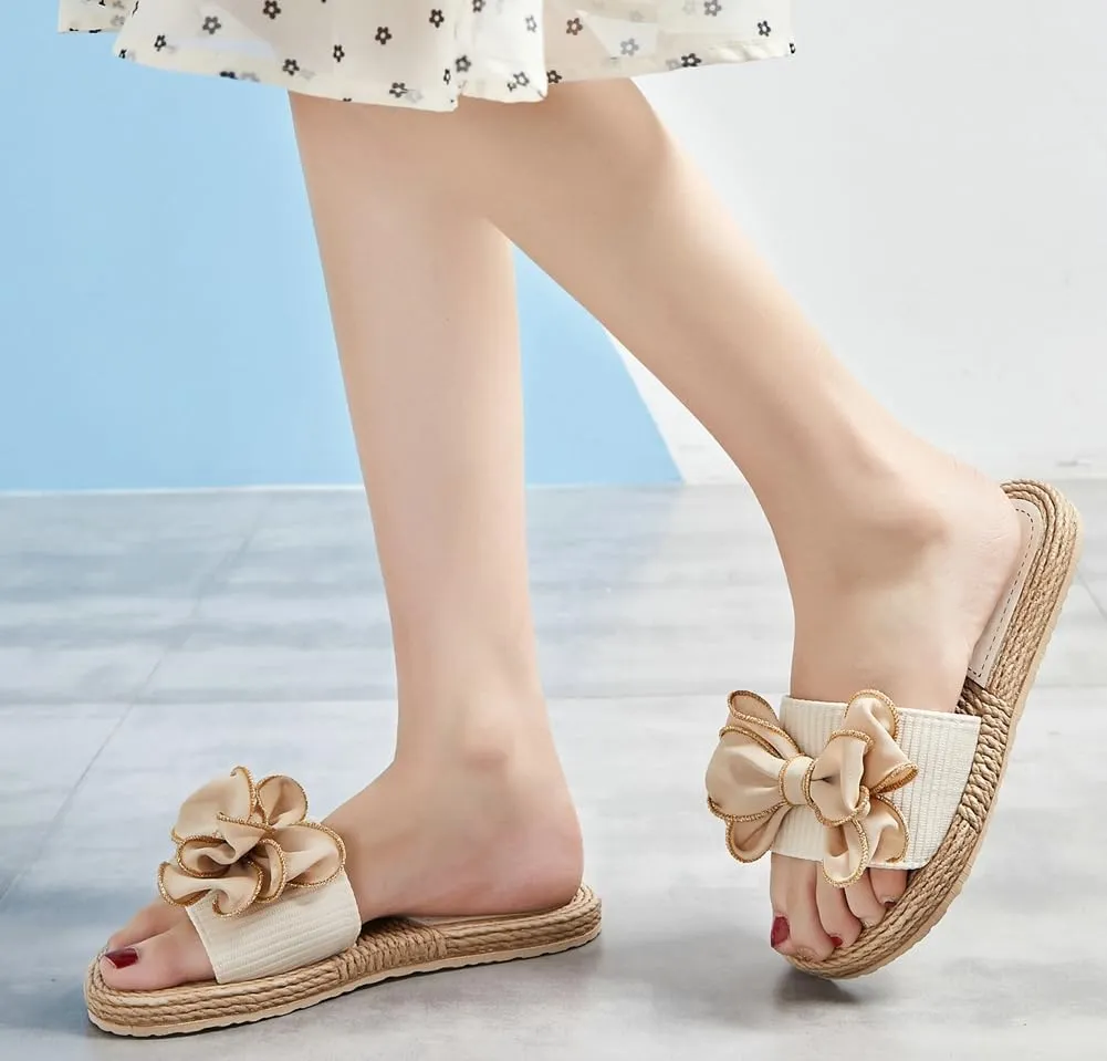 Rungion Women's Trendy Bow Flat Sandals Straw Open Toe Dressy Summer Beach Slide Sandals Outdoor Travel Slipper Shose