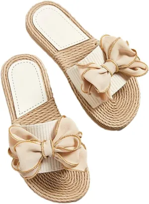 Rungion Women's Trendy Bow Flat Sandals Straw Open Toe Dressy Summer Beach Slide Sandals Outdoor Travel Slipper Shose