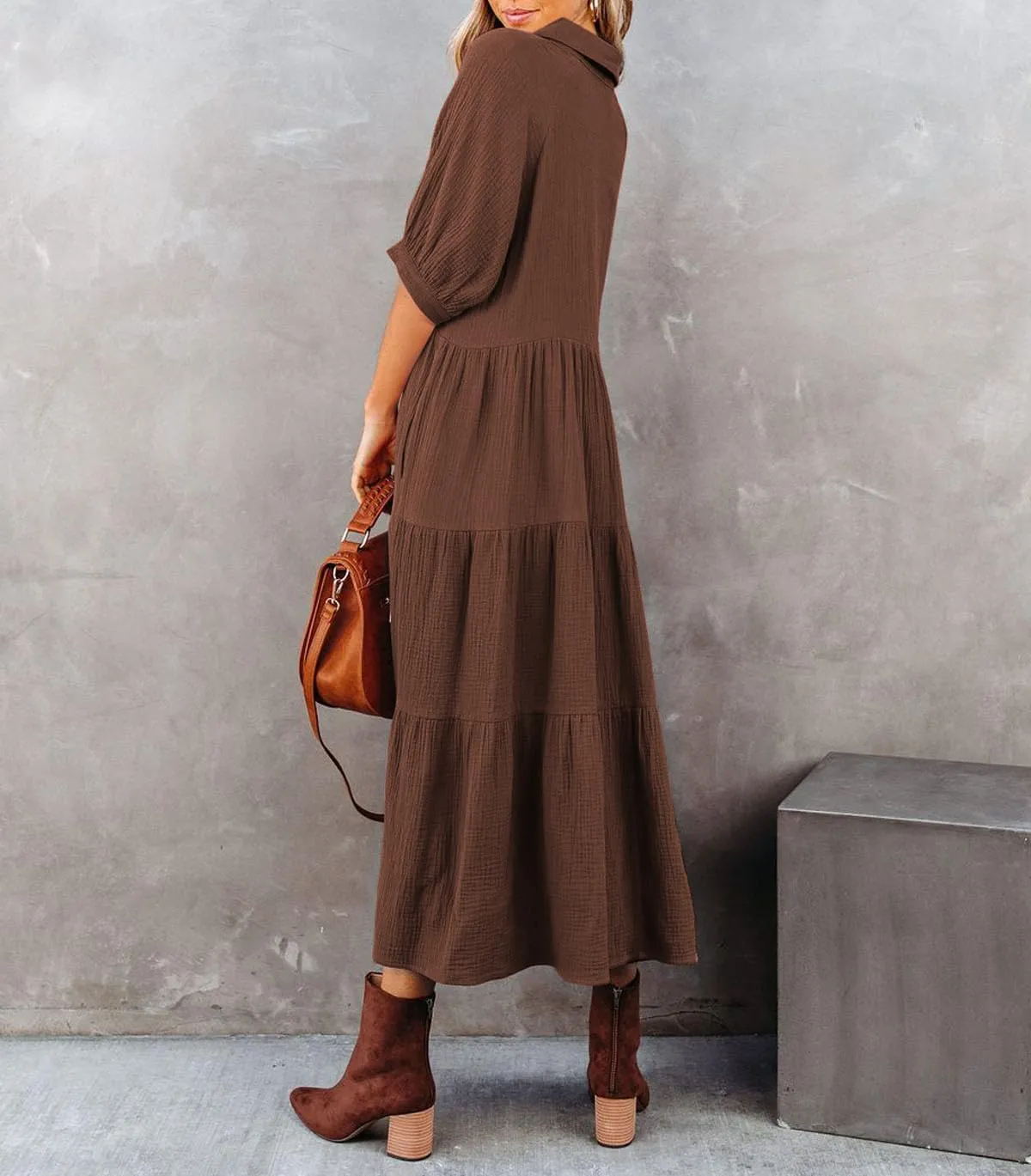 R.Vivimos Women's Summer Cotton Half Sleeves Button Down Casual Loose Slit Midi Dress with Pockets