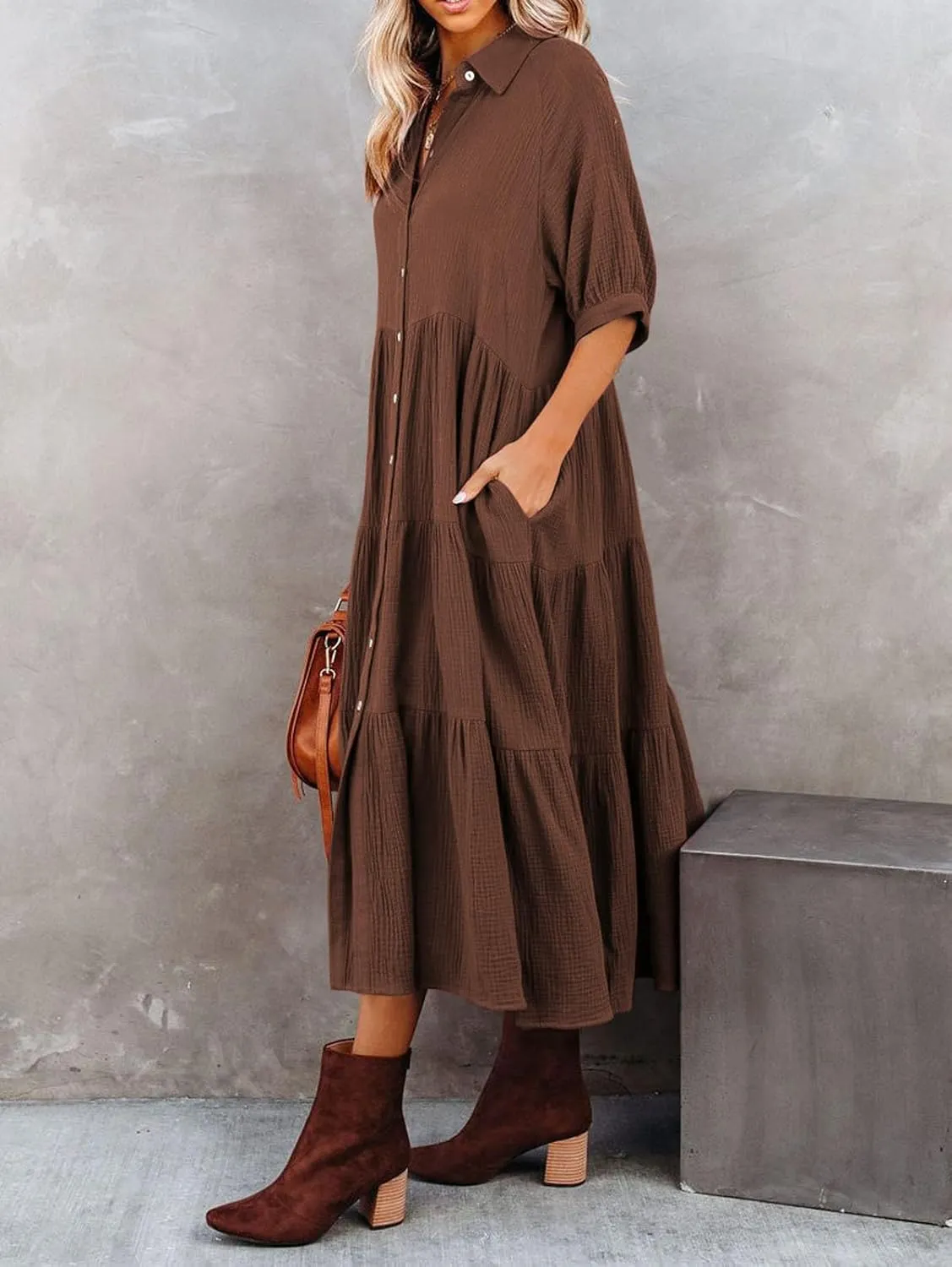 R.Vivimos Women's Summer Cotton Half Sleeves Button Down Casual Loose Slit Midi Dress with Pockets