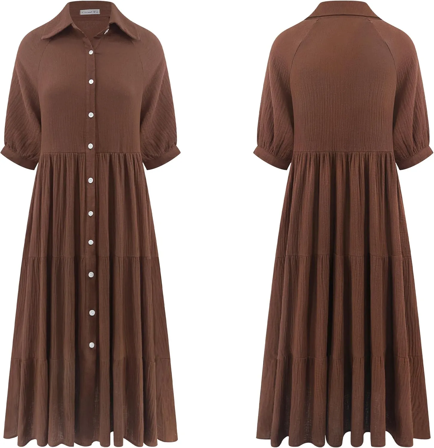 R.Vivimos Women's Summer Cotton Half Sleeves Button Down Casual Loose Slit Midi Dress with Pockets
