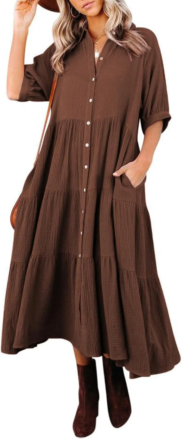 R.Vivimos Women's Summer Cotton Half Sleeves Button Down Casual Loose Slit Midi Dress with Pockets