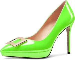 Saekcted Womens Stiletto High Platform Heel Pointed Toe Pumps Slip-on Buckle Office Basic Classic Summer Patent Leather 4.7 Inches Heels