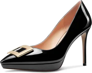 Saekcted Womens Stiletto High Platform Heel Pointed Toe Pumps Slip-on Buckle Office Basic Classic Summer Patent Leather 4.7 Inches Heels