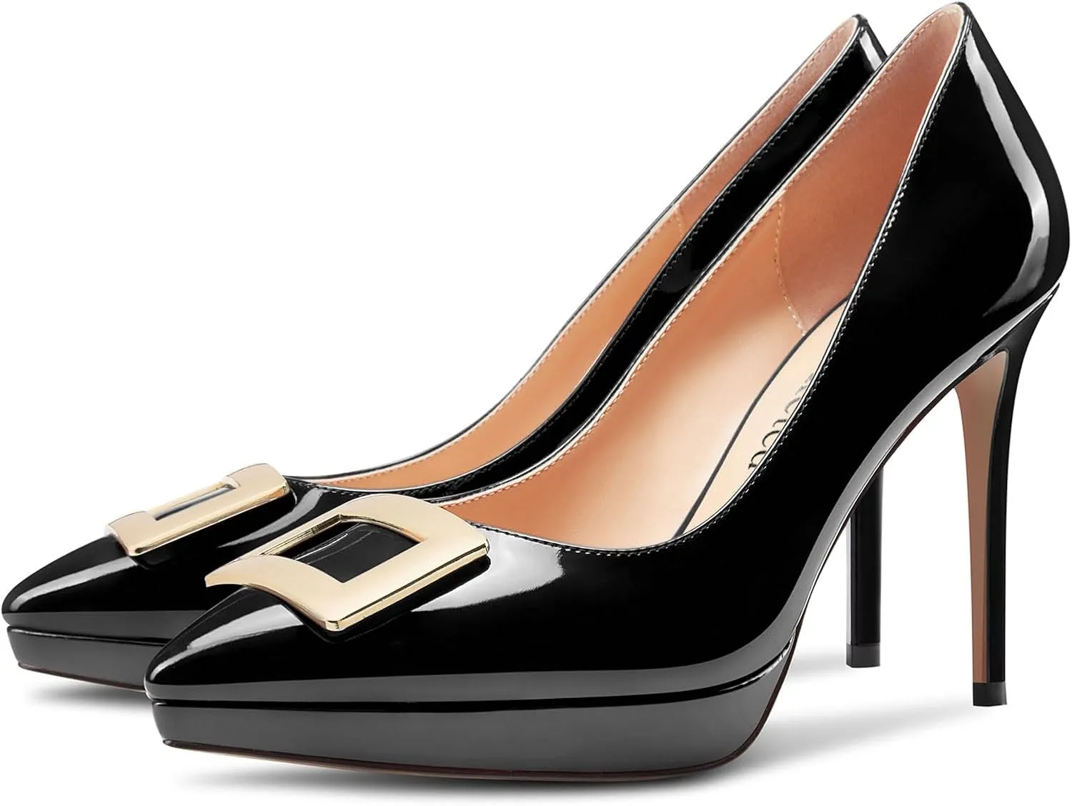 Saekcted Womens Stiletto High Platform Heel Pointed Toe Pumps Slip-on Buckle Office Basic Classic Summer Patent Leather 4.7 Inches Heels