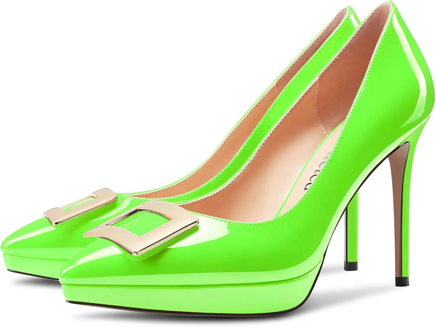 Saekcted Womens Stiletto High Platform Heel Pointed Toe Pumps Slip-on Buckle Office Basic Classic Summer Patent Leather 4.7 Inches Heels