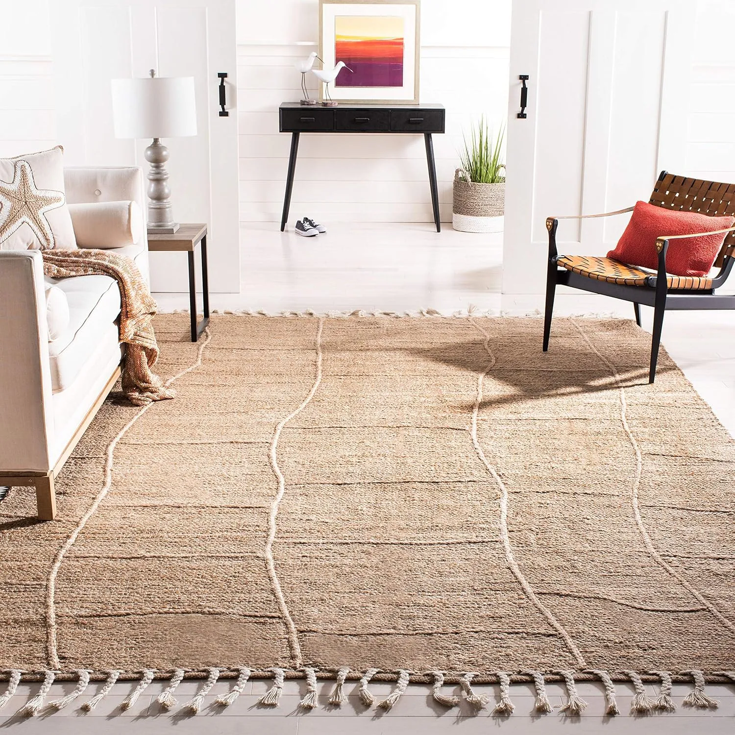 SAFAVIEH Natural Fiber Collection Accent Rug - 3' x 5', Natural, Handmade Farmhouse Rustic Braided Tassel Jute, Ideal for High Traffic Areas in Entryway, Living Room, Bedroom (NF105B)