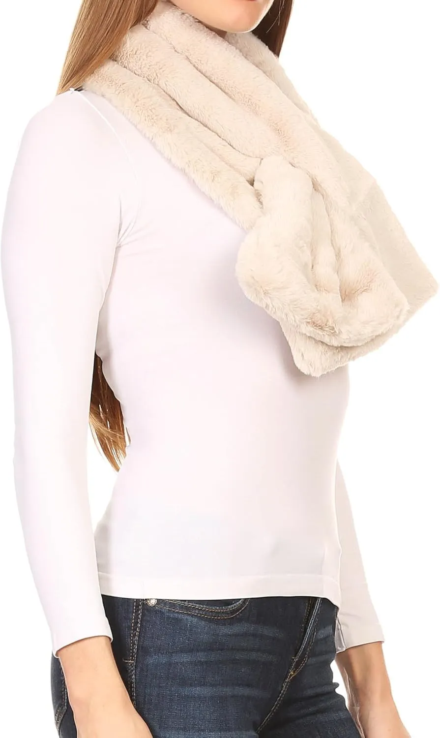 Sakkas Malen Long Rectangle Faux Fur Warm Soft Furry Wrap Around Loophole Scarf