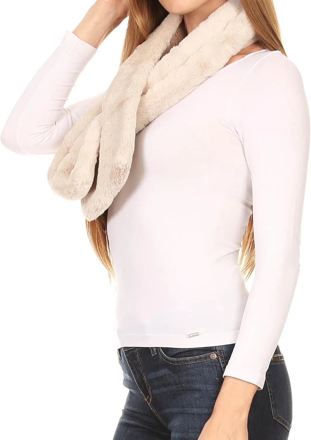 Sakkas Malen Long Rectangle Faux Fur Warm Soft Furry Wrap Around Loophole Scarf