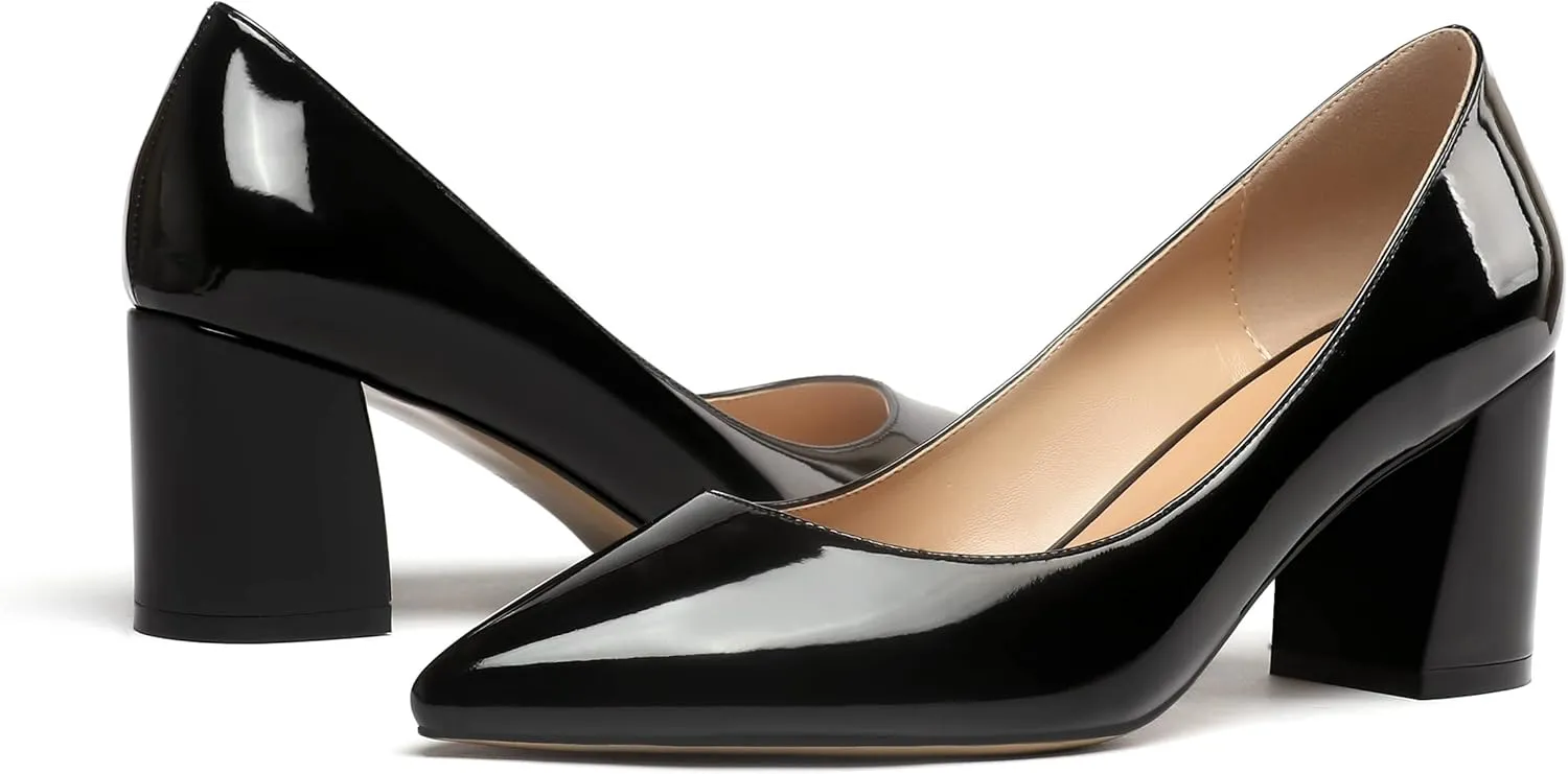 SAMMITOP Women's Chunky Block Pumps Closed Toe Slip On Heels Business Office Classic Dress Shoes