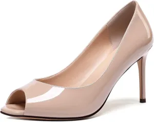 SAMMITOP Women's Peep Toe Pumps 80mm High Heel Shoes Slip On Patent Pumps Formal Shoes