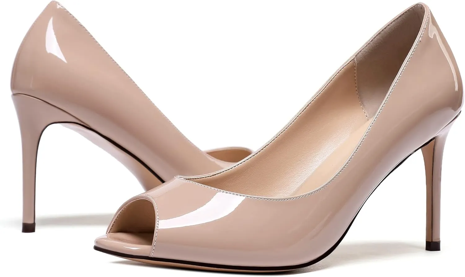 SAMMITOP Women's Peep Toe Pumps 80mm High Heel Shoes Slip On Patent Pumps Formal Shoes