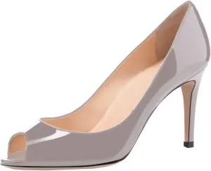 SAMMITOP Women's Peep Toe Pumps 80mm High Heel Shoes Slip On Patent Pumps Formal Shoes