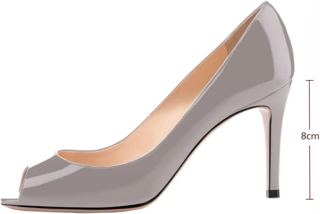 SAMMITOP Women's Peep Toe Pumps 80mm High Heel Shoes Slip On Patent Pumps Formal Shoes