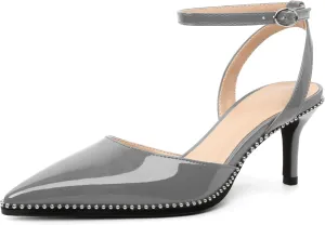 SAMMITOP Womens Slingback Kitten Heels Pointed Toe Low Heel Ankle Strap Pumps Slip On Comfortable Wedding Party Beaded Dress Shoes 2.4 Inch