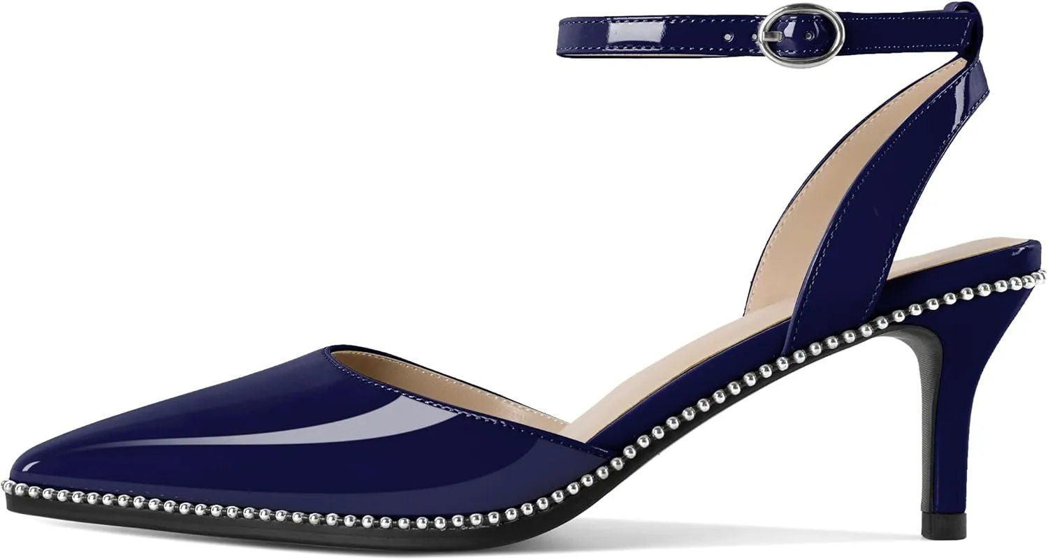 SAMMITOP Womens Slingback Kitten Heels Pointed Toe Low Heel Ankle Strap Pumps Slip On Comfortable Wedding Party Beaded Dress Shoes 2.4 Inch