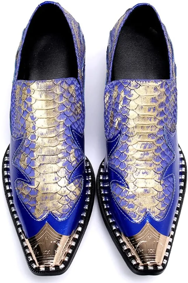 Santimon Dress Loafers for Men High Cuban Heel Slip On Graphic Snake Leather Lined Gold Cap Dancing Party Sleek Shoes