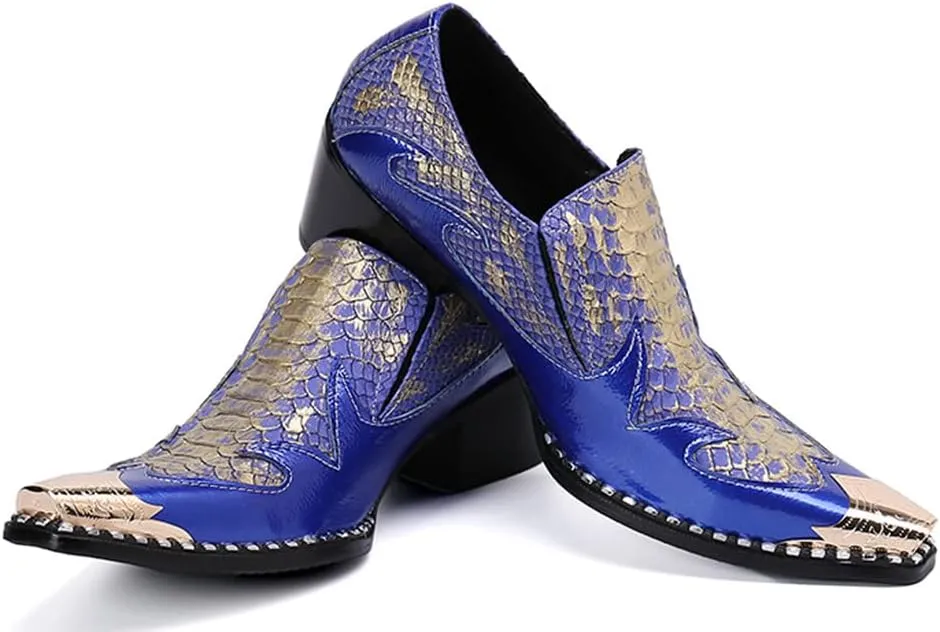 Santimon Dress Loafers for Men High Cuban Heel Slip On Graphic Snake Leather Lined Gold Cap Dancing Party Sleek Shoes