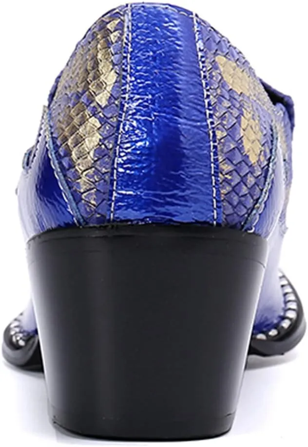 Santimon Dress Loafers for Men High Cuban Heel Slip On Graphic Snake Leather Lined Gold Cap Dancing Party Sleek Shoes