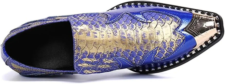 Santimon Dress Loafers for Men High Cuban Heel Slip On Graphic Snake Leather Lined Gold Cap Dancing Party Sleek Shoes