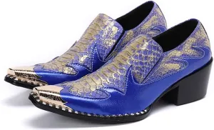 Santimon Dress Loafers for Men High Cuban Heel Slip On Graphic Snake Leather Lined Gold Cap Dancing Party Sleek Shoes