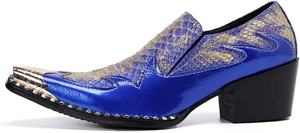 Santimon Dress Loafers for Men High Cuban Heel Slip On Graphic Snake Leather Lined Gold Cap Dancing Party Sleek Shoes