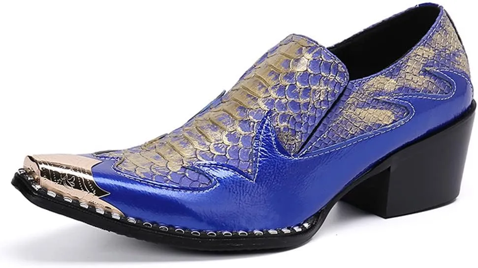Santimon Dress Loafers for Men High Cuban Heel Slip On Graphic Snake Leather Lined Gold Cap Dancing Party Sleek Shoes