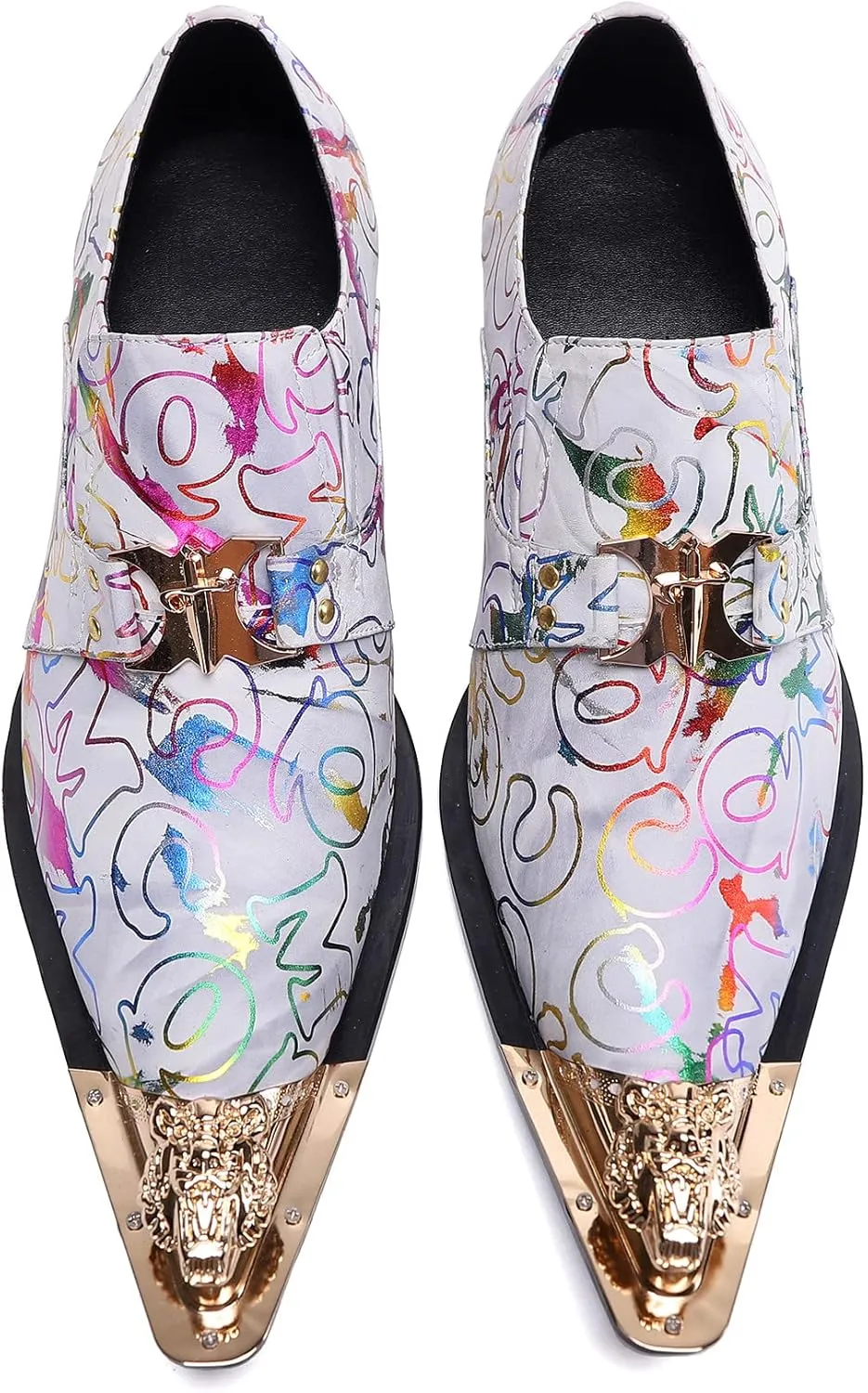 Santimon Mens Loafers Fashion Suits Gold Hardware Party Sleek Slip On Dress Metal Cap Toe Wedding Graphic Print Leather Shoes