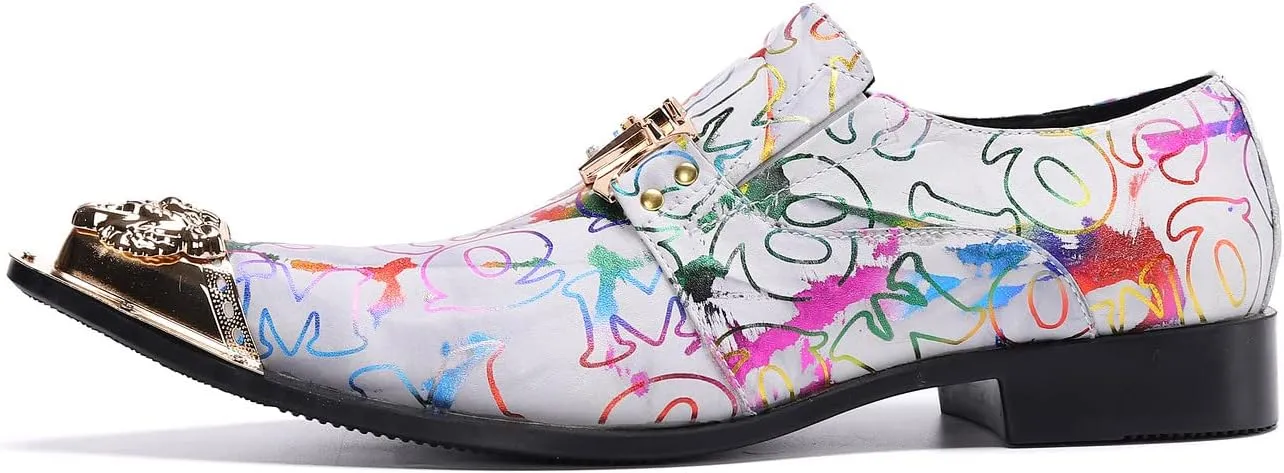 Santimon Mens Loafers Fashion Suits Gold Hardware Party Sleek Slip On Dress Metal Cap Toe Wedding Graphic Print Leather Shoes