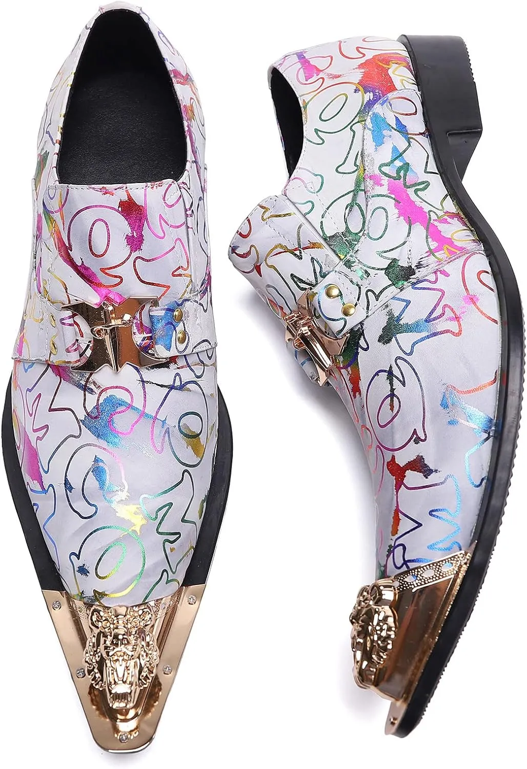 Santimon Mens Loafers Fashion Suits Gold Hardware Party Sleek Slip On Dress Metal Cap Toe Wedding Graphic Print Leather Shoes