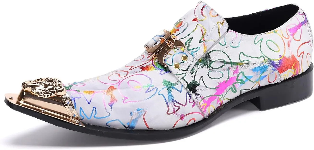 Santimon Mens Loafers Fashion Suits Gold Hardware Party Sleek Slip On Dress Metal Cap Toe Wedding Graphic Print Leather Shoes