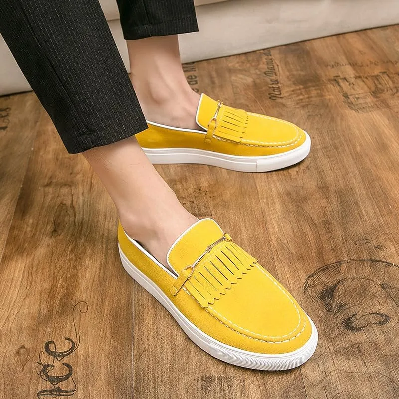 Santimon Mens Suede Loafers Dress Shoes Slip-On Flat Horsebit Loafers for Men Tuxedo Fringed Casual Shoes