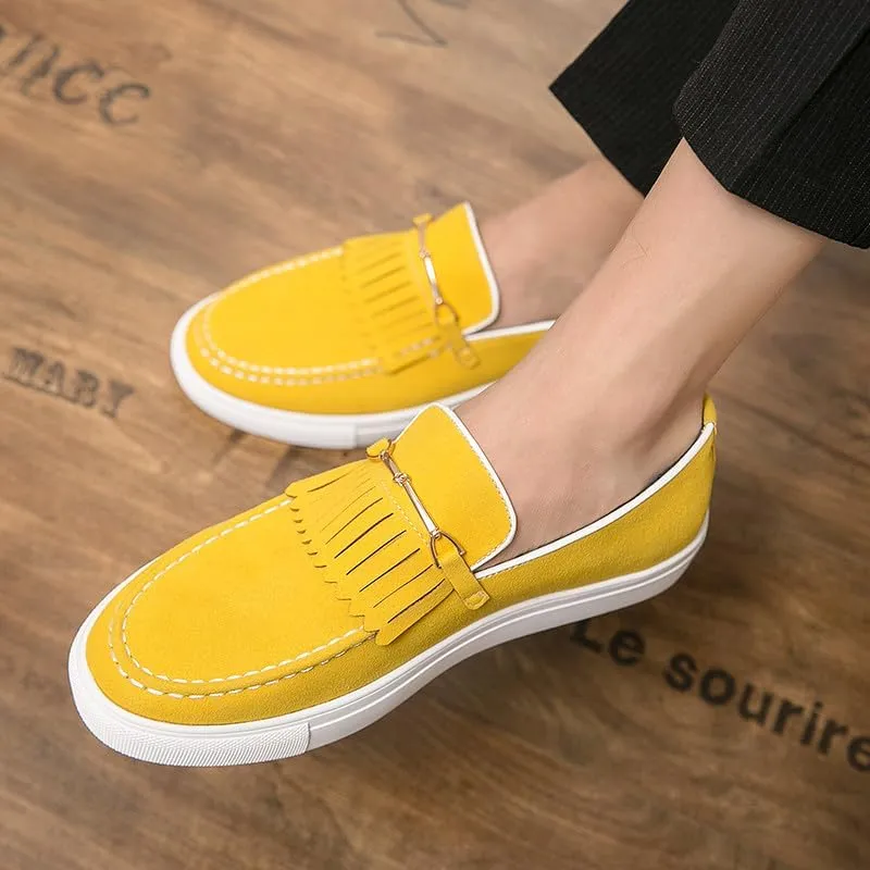 Santimon Mens Suede Loafers Dress Shoes Slip-On Flat Horsebit Loafers for Men Tuxedo Fringed Casual Shoes