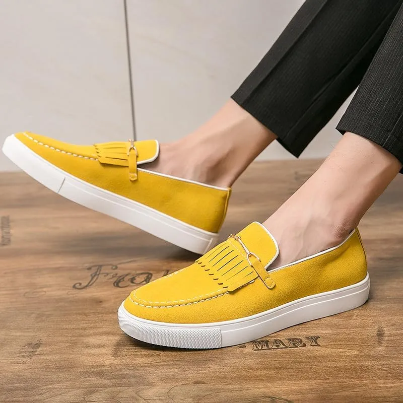 Santimon Mens Suede Loafers Dress Shoes Slip-On Flat Horsebit Loafers for Men Tuxedo Fringed Casual Shoes