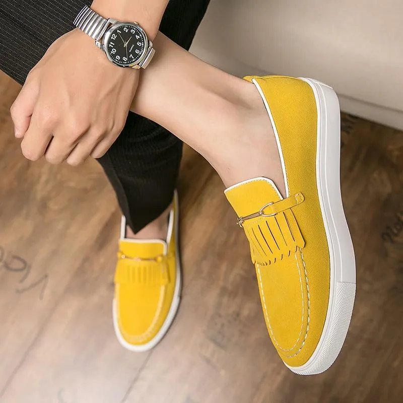 Santimon Mens Suede Loafers Dress Shoes Slip-On Flat Horsebit Loafers for Men Tuxedo Fringed Casual Shoes