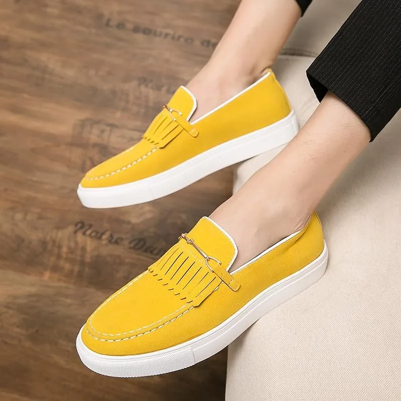 Santimon Mens Suede Loafers Dress Shoes Slip-On Flat Horsebit Loafers for Men Tuxedo Fringed Casual Shoes