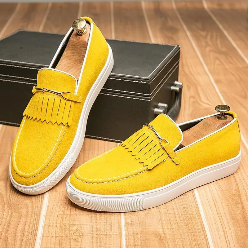 Santimon Mens Suede Loafers Dress Shoes Slip-On Flat Horsebit Loafers for Men Tuxedo Fringed Casual Shoes