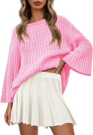 Saodimallsu Womens Oversized Sweaters 3/4 Sleeve Crew Neck Casual Loose Fit Soft Knit Tunic Sweater Tops