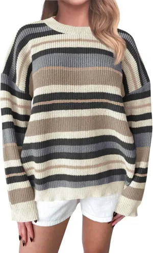 Saodimallsu Womens Striped Sweaters Crew Neck Color Block Long Sleeve Loose Ribbed Knit Trendy Rainbow Pullover Tops