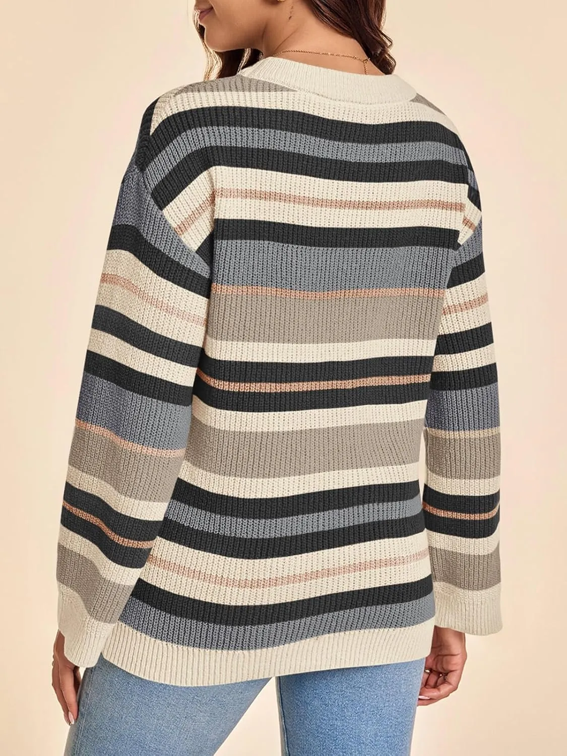Saodimallsu Womens Striped Sweaters Crew Neck Color Block Long Sleeve Loose Ribbed Knit Trendy Rainbow Pullover Tops