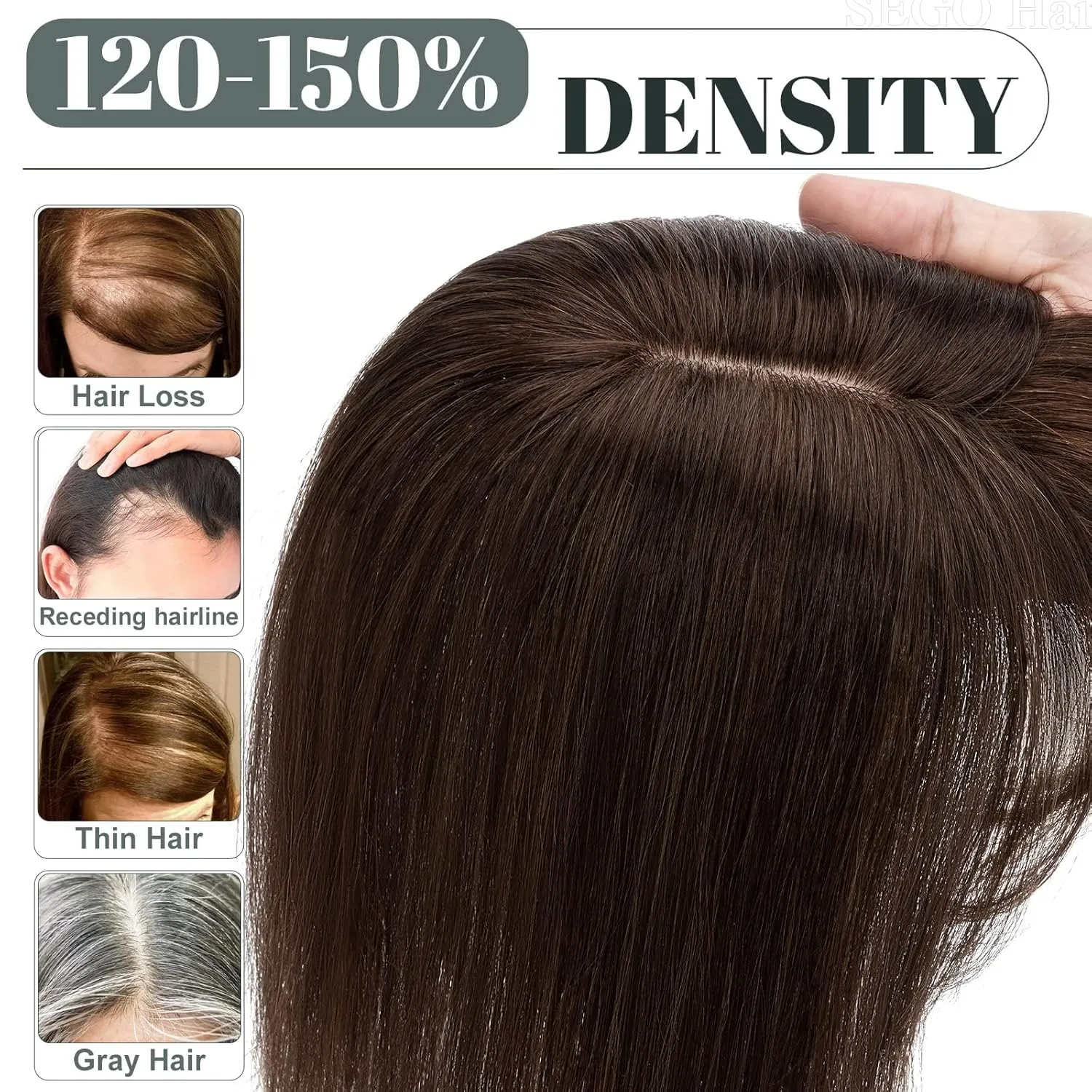 SEGO Hair Toppers for Women, Clip in Real Human Hair Toppers Straight with Bangs 150% Density Silk Base -6 Inch #2 Dark Brown