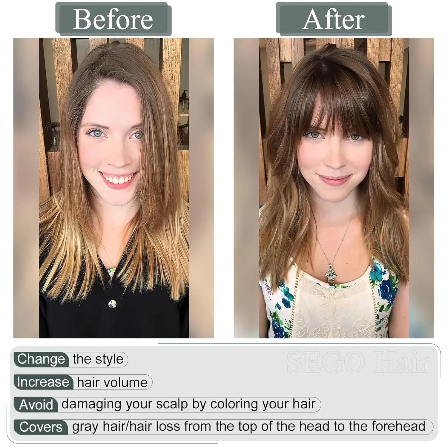 SEGO Hair Toppers for Women, Clip in Real Human Hair Toppers Straight with Bangs 150% Density Silk Base -6 Inch #2 Dark Brown