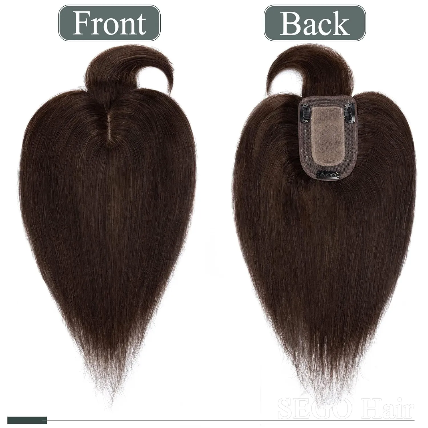 SEGO Hair Toppers for Women, Clip in Real Human Hair Toppers Straight with Bangs 150% Density Silk Base -6 Inch #2 Dark Brown