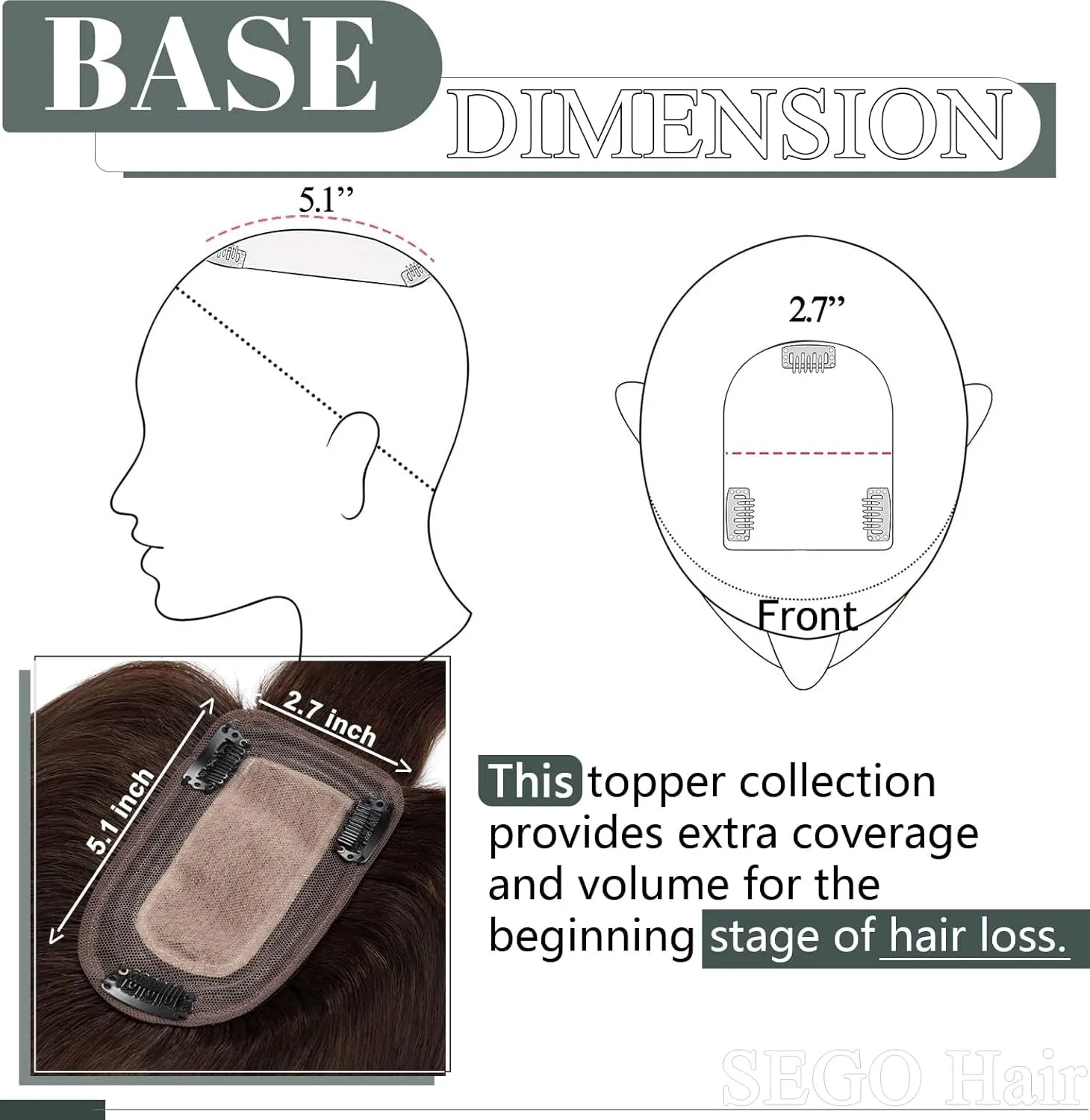 SEGO Hair Toppers for Women, Clip in Real Human Hair Toppers Straight with Bangs 150% Density Silk Base -6 Inch #2 Dark Brown