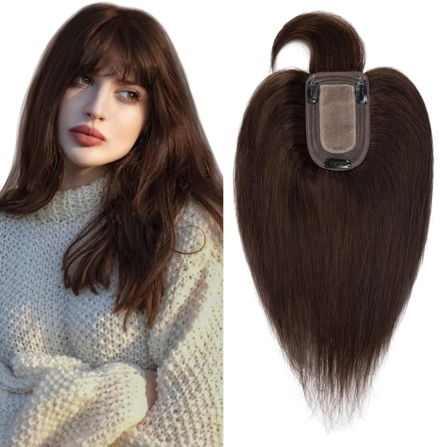 SEGO Hair Toppers for Women, Clip in Real Human Hair Toppers Straight with Bangs 150% Density Silk Base -6 Inch #2 Dark Brown