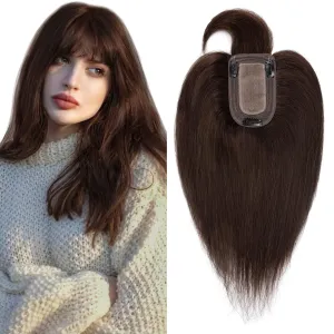 SEGO Hair Toppers for Women, Clip in Real Human Hair Toppers Straight with Bangs 150% Density Silk Base -6 Inch #2 Dark Brown
