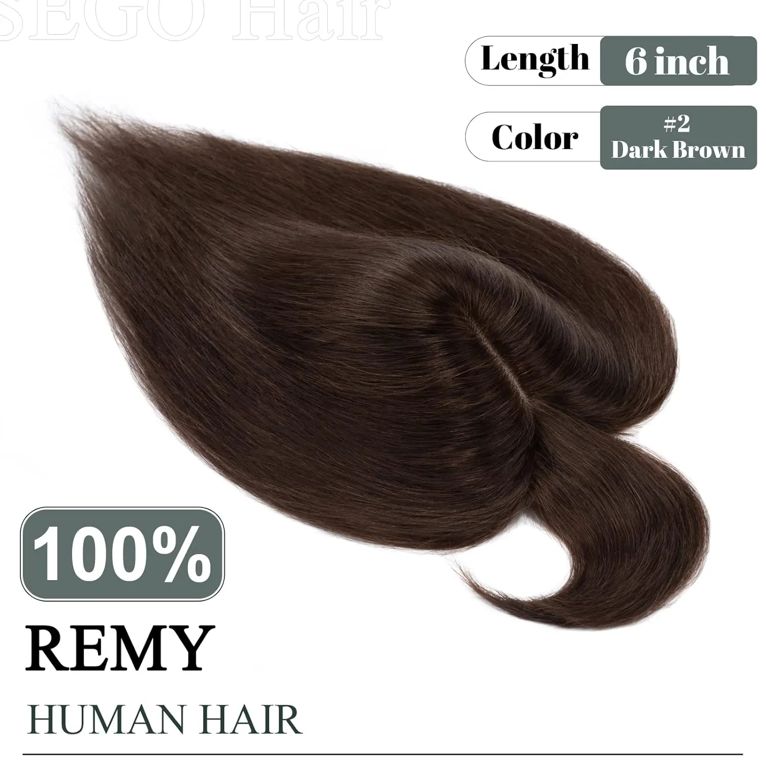 SEGO Hair Toppers for Women, Clip in Real Human Hair Toppers Straight with Bangs 150% Density Silk Base -6 Inch #2 Dark Brown