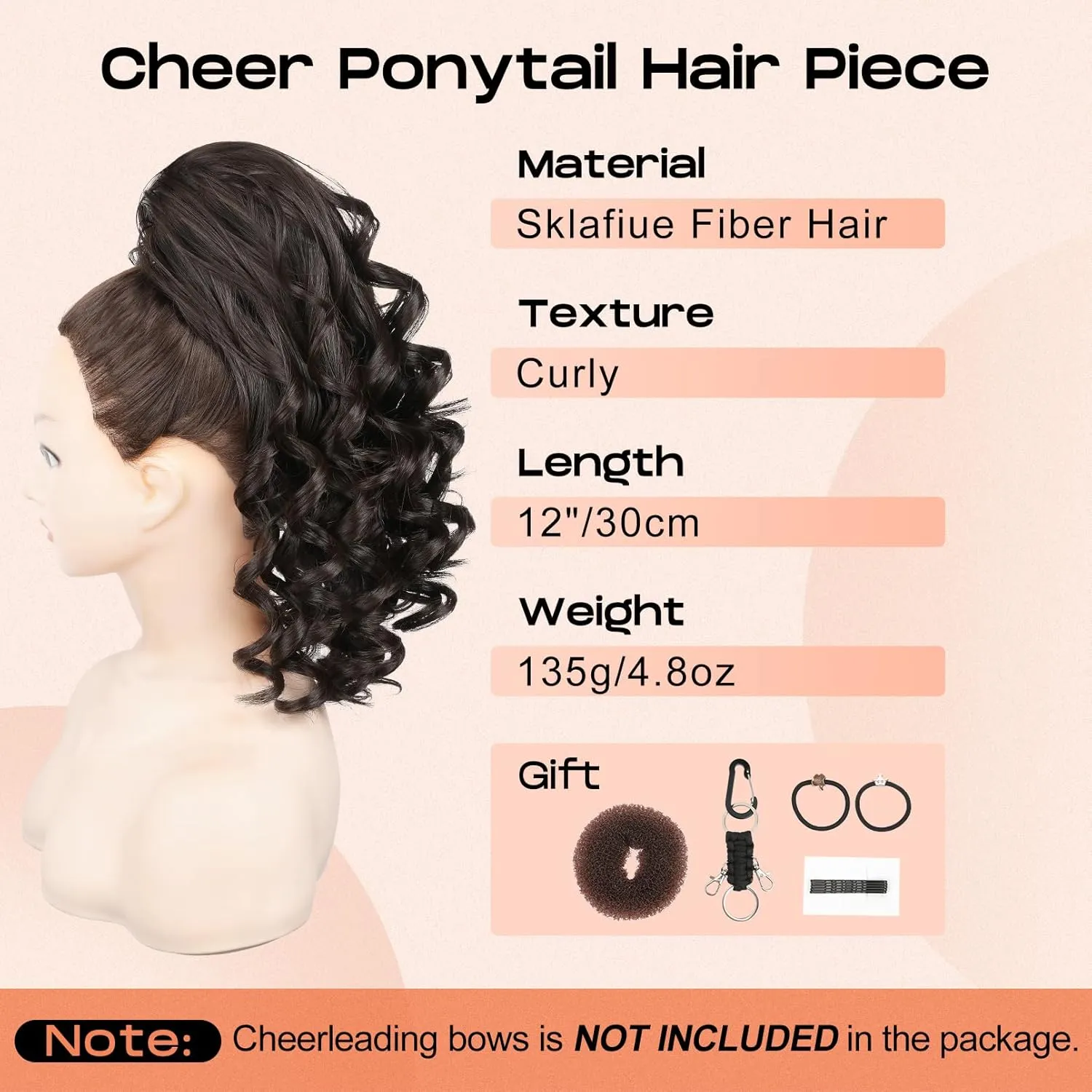 SEIKEA Cheer Ponytail Hair Piece, 14" Curly Cheerleader Hairpiece Ponytail Extension for Cheerleader Competition, Dance Dark Brown