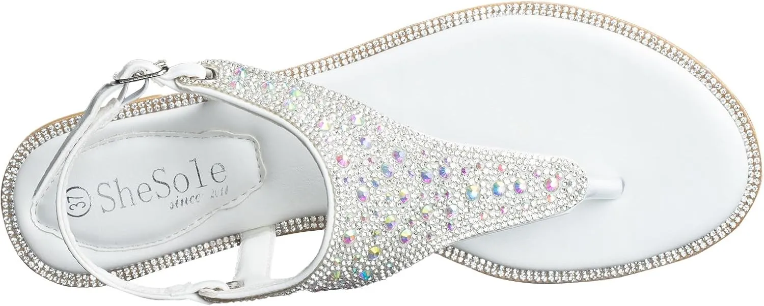 SheSole Women's Silver Thong Sandals Dressy Summer Bling Rhinestone Flat Wedding Shoes